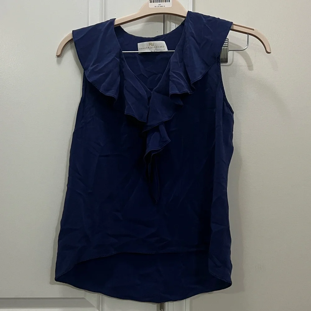 Amanda Uprichard Blue Silk Ruffle Tank Top Size Small